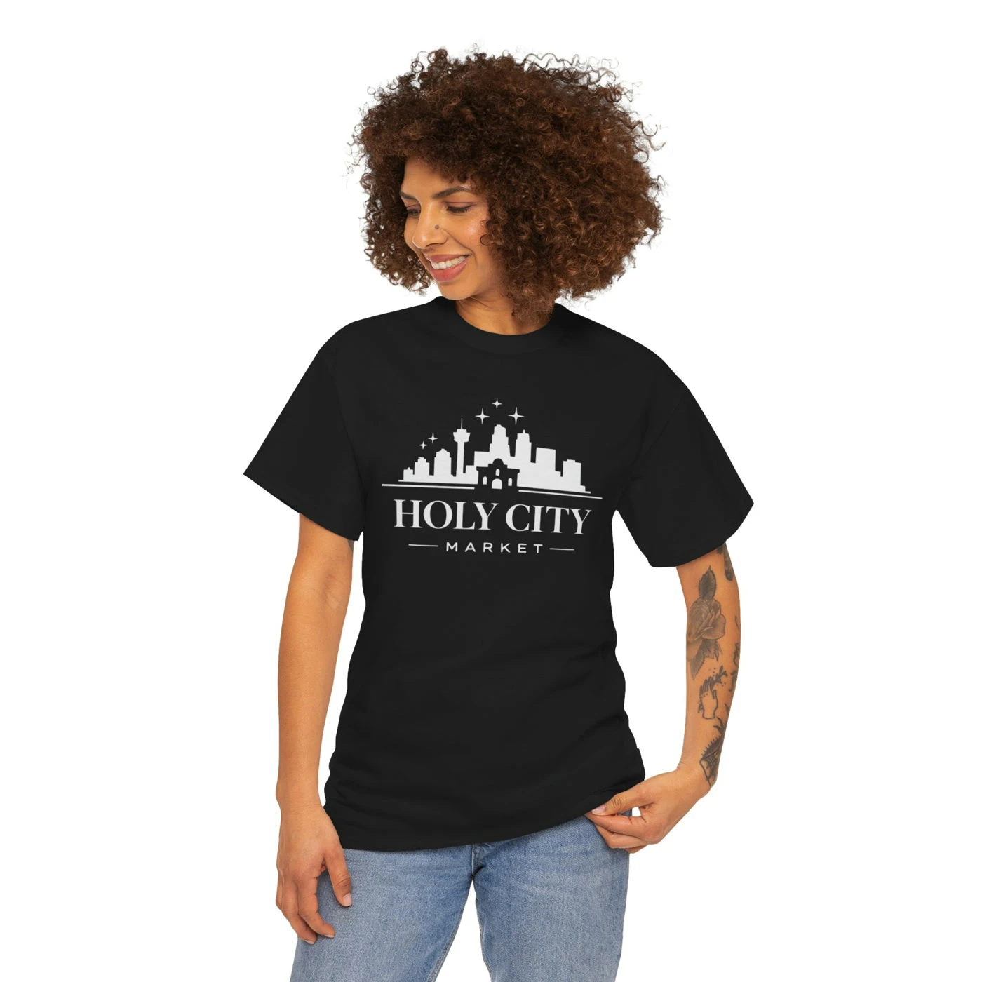 Jesus Loves the 210 tee — front view showing the Holy City Market logo.