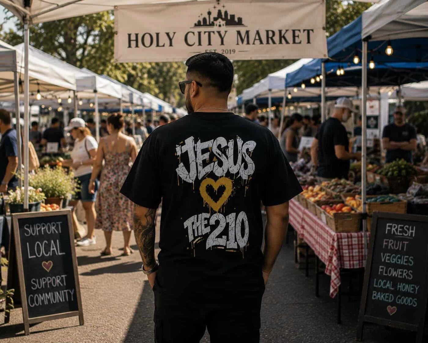 A man wearing the Jesus Loves the 210 shirt showing the graffiti back design.